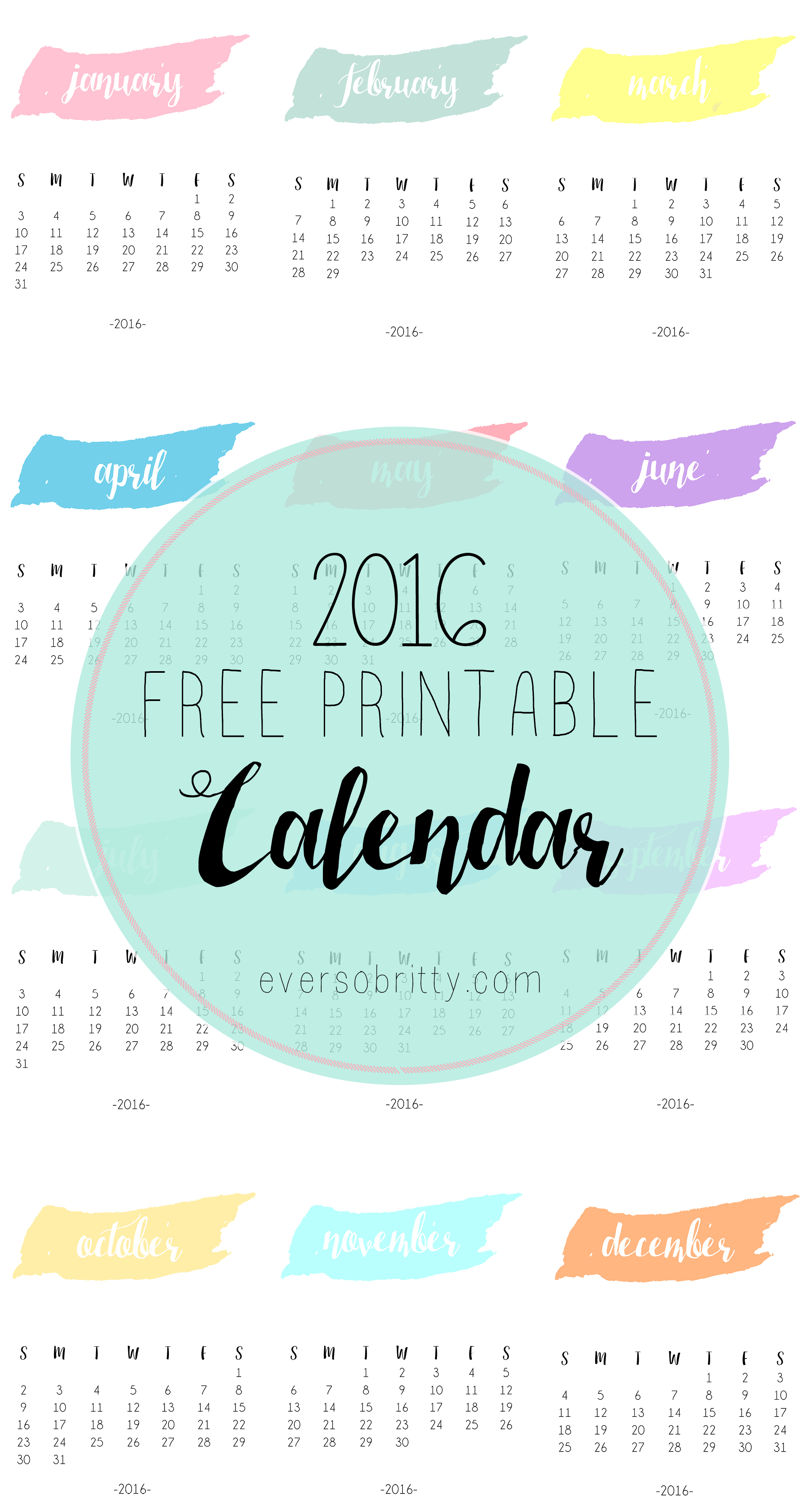 2016 Free Printable Calendar at eversobritty.com