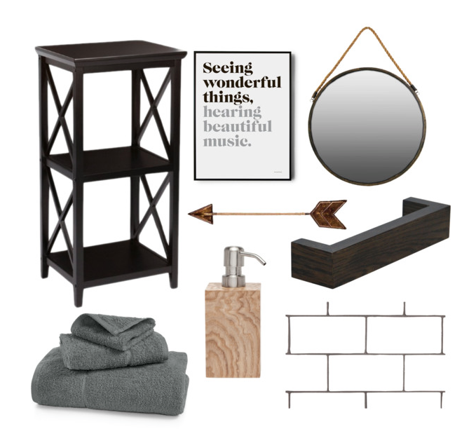 Scandinavian bathroom inspo. Feat white subway tiles, blonde wood, black shelving unit and towel rail with round mirror.